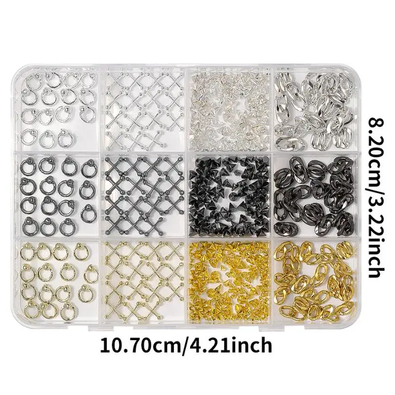 Nail Tip Decoration 12 Grids Alloy Nail Charms Punk Y2K Metal Parts Retro Circle Nails Supply DIY Crafts Manicure Rivet Chain