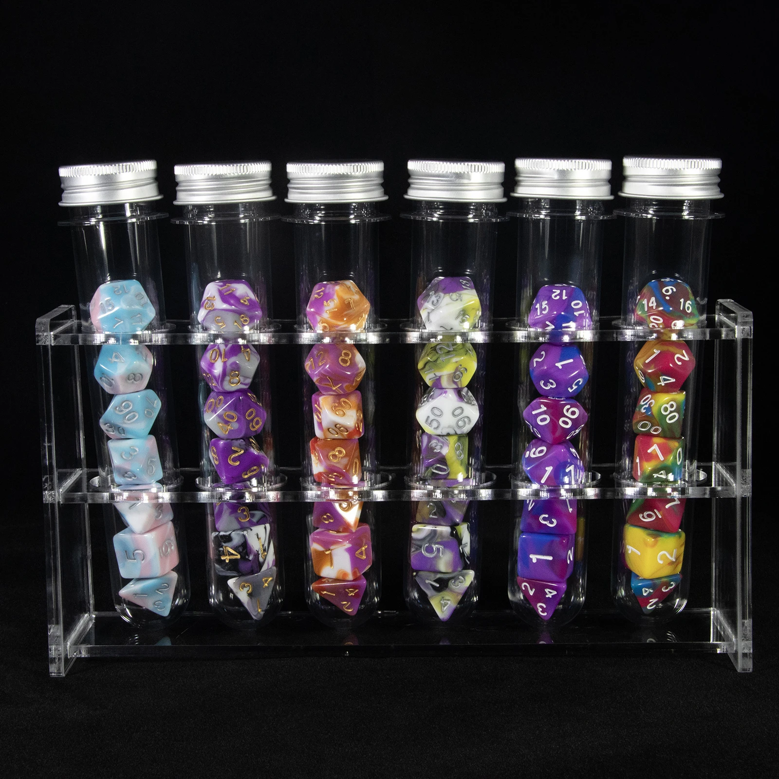 Mix Color Polyhedral Dice TRPG DND Multi-sided Dice D4, D6, D8, D10, D12, D20, 42Pcs=6 Sets, 6 Tube, 1 Tube Rack