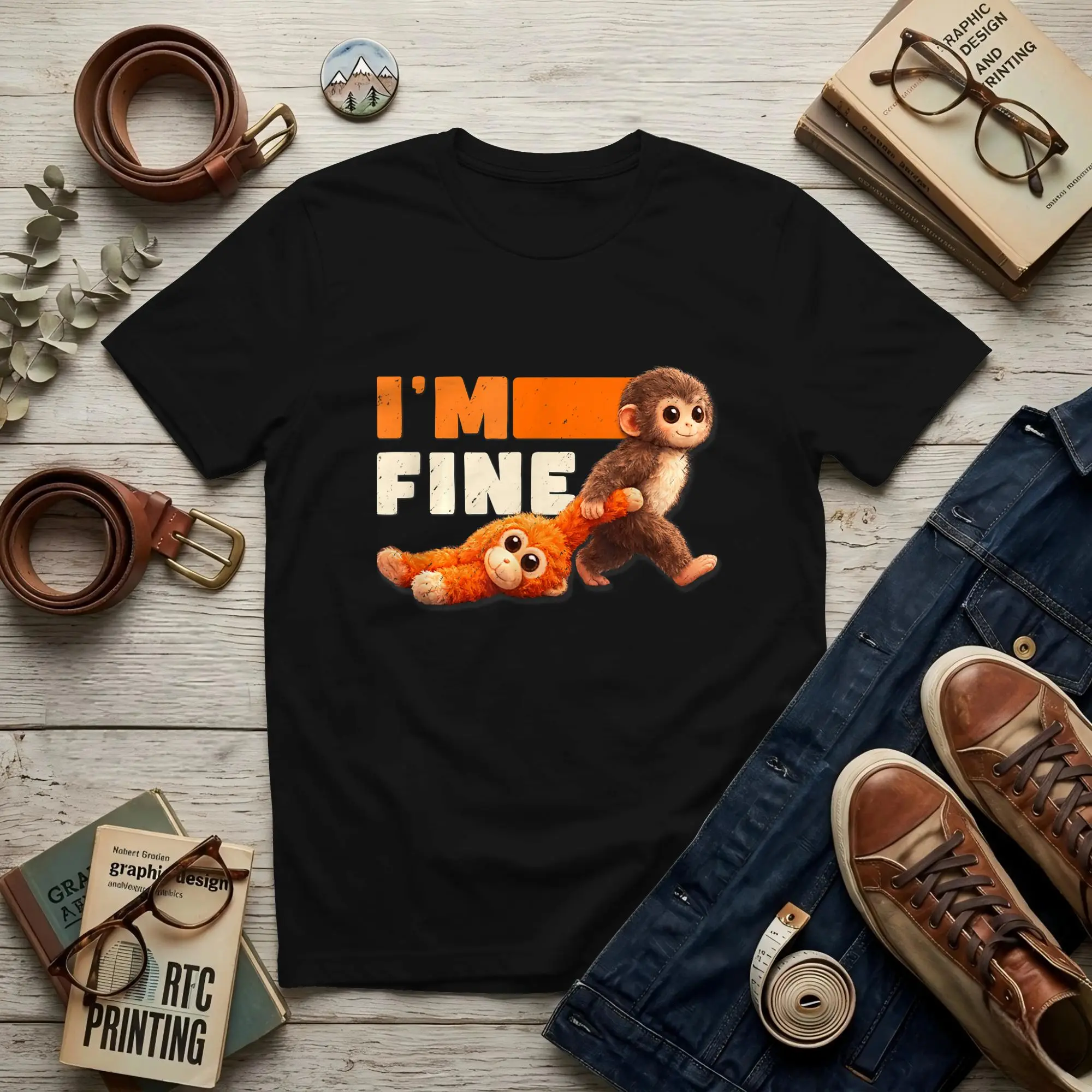 Retro Cute Monkey Punch I'm Fine Men's T Shirt Punch Monkey  Amazing Tee Shirt Short Sleeve Crew Neck Pure Cotton Gift T-Shirt