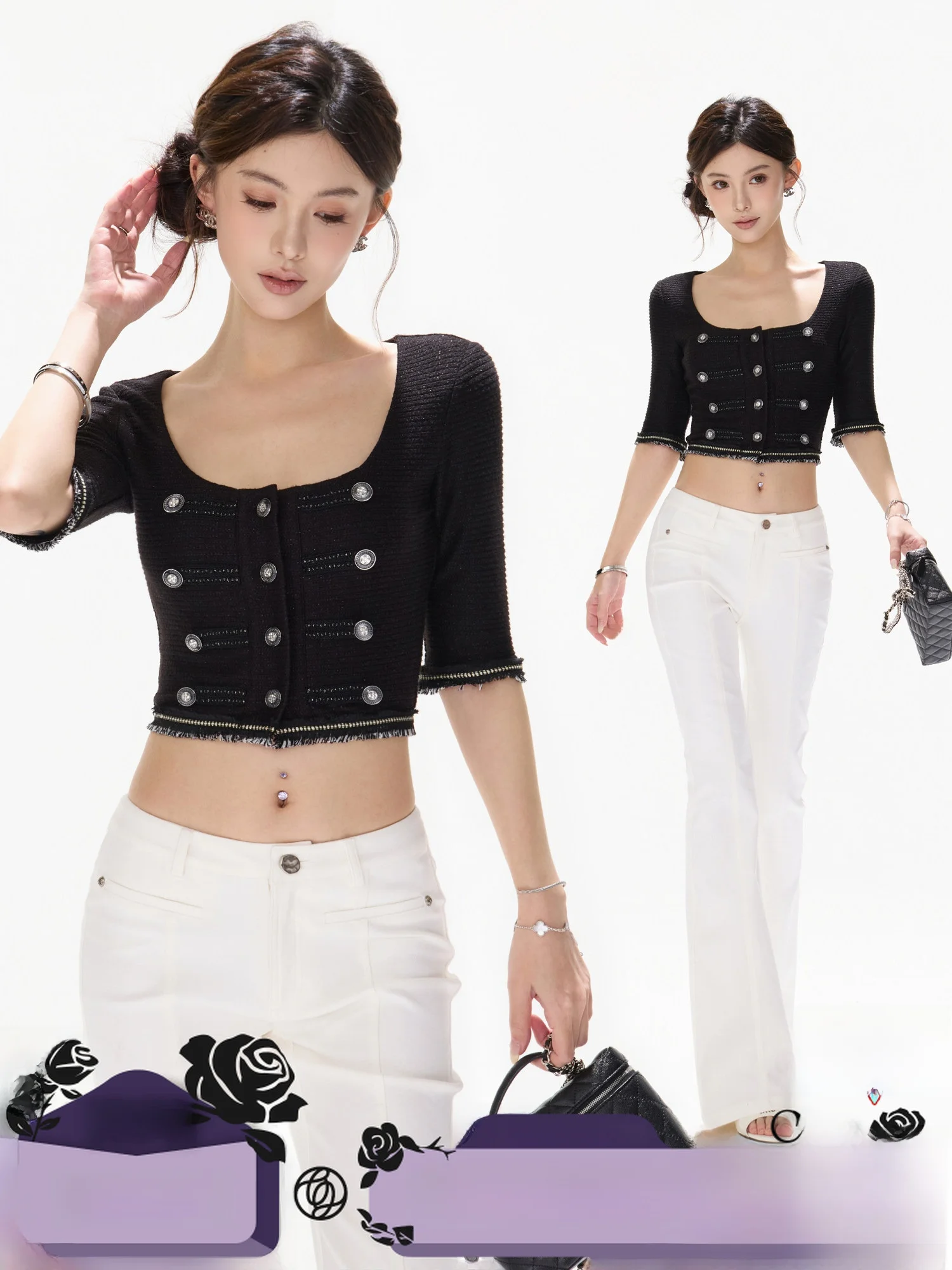 

CYNR Original Design Silver Thread Knitted Short Style Sexy Girl Top Women's Fashion Court Lady Wind Soft Fit Sleeve Buttoned...