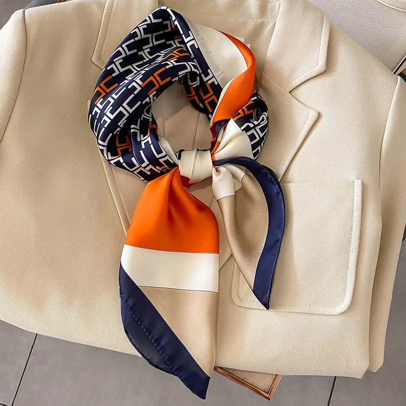 Luxury Contrast Color Printed Square Scarf Thin Soft Satin Neck Scarf Mature Style Sunscreen Headscarf For Women