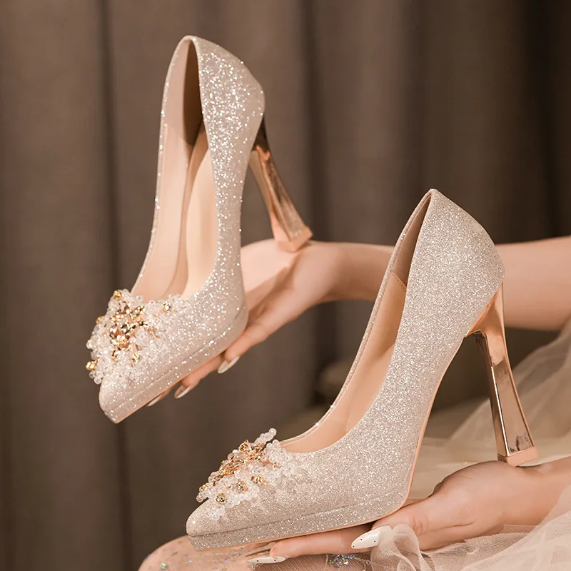 

2026 High Heels Light Luxury High Quality Wedding Shoes Rhinestone Sequins Single Shoes Women