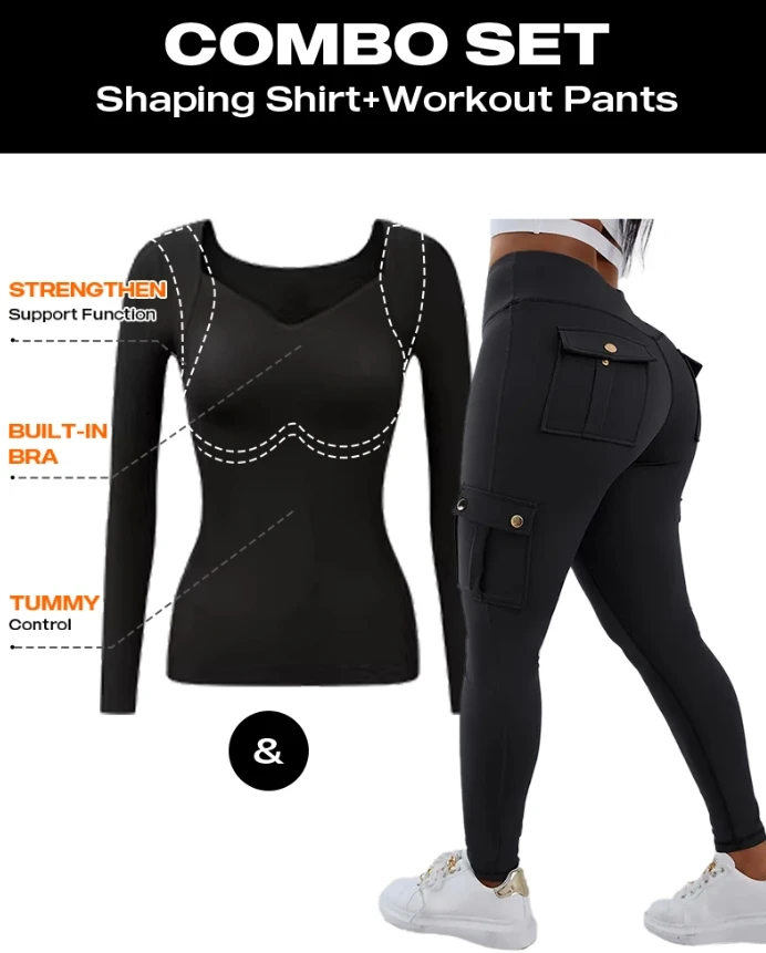 

Two Piece Set Women Outfit 2025 Spring New V-Neck Long Sleeve Slim Fit Top & Pocket Design Jogger Legging Pants Workout Sets