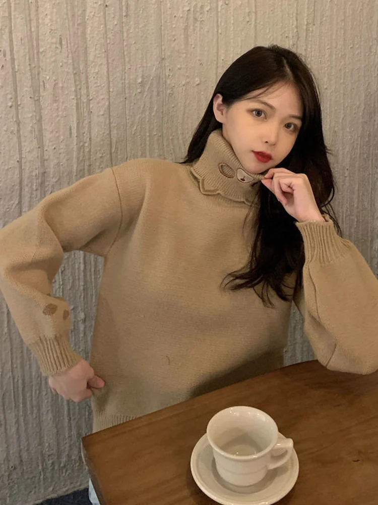 KOSAHIKI Kawaii Knitted Sweaters Turtleneck Cat Pullover Women Japanese Sweet Cartoon Jumpers Knitwear Autumn Winter Pullovers