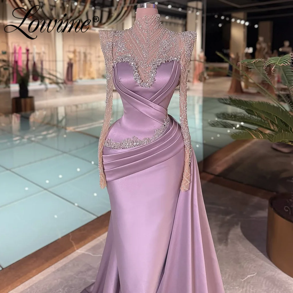 Satijn Paars Kristal Zeemeermin Feestjurk Aangepaste Lange Mouw Vrouw Prom Jurken Arabische Avondjurk Met Overrok