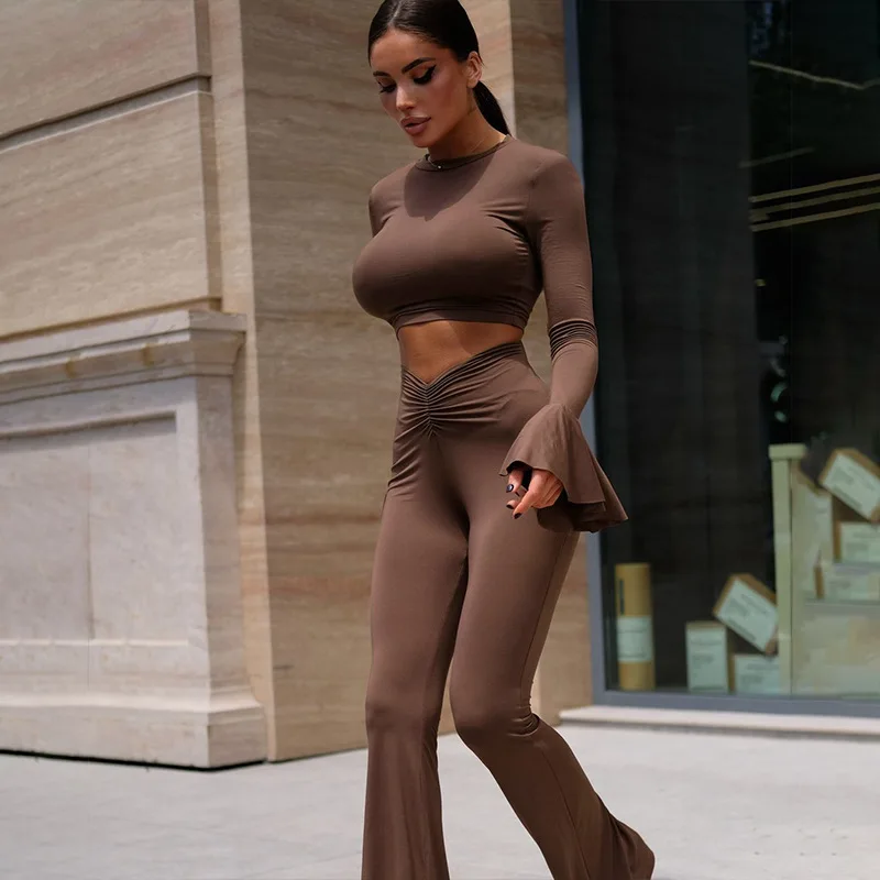 2025 Spring New Solid Color Ruffled Long Sleeve Set Ruched Slim Pants Fashion Wholesale Outfit