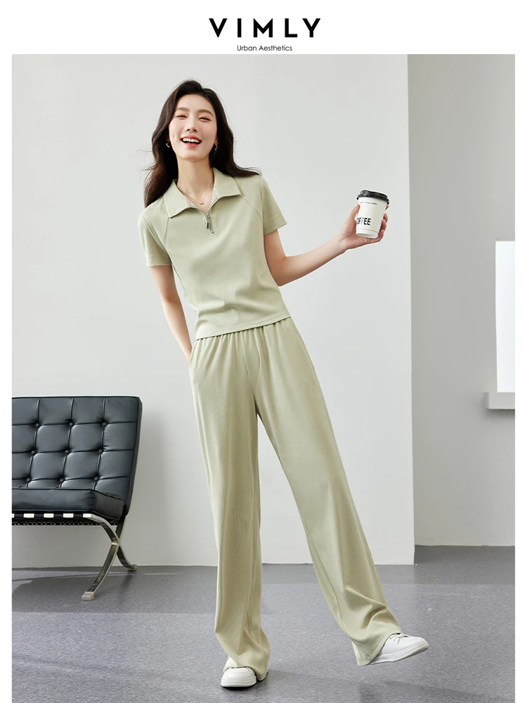 

VIMLY Sporty Casual Summer Outfits Woman 2 Piece Sweatsuit 2025 T-Shirt Elastic Waist Wide Leg Sweat Pant Female Clothes M7793