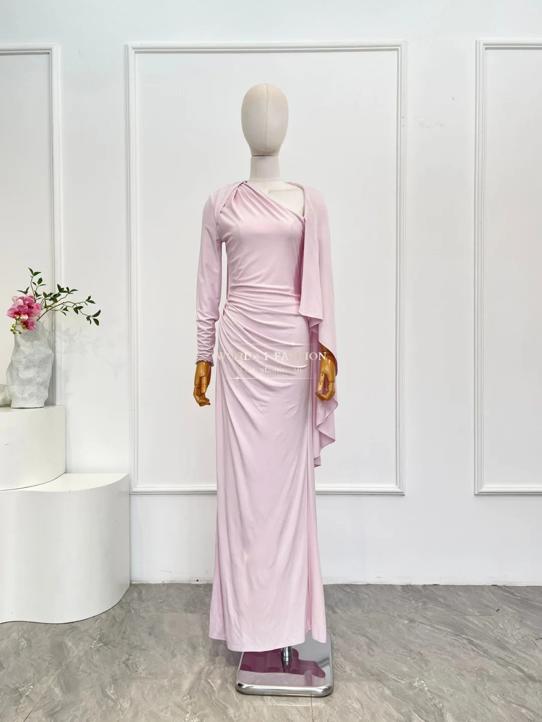 2025 novo lindo vestido maxi trompete feminino rosa com babados e manga comprida elegante para festa