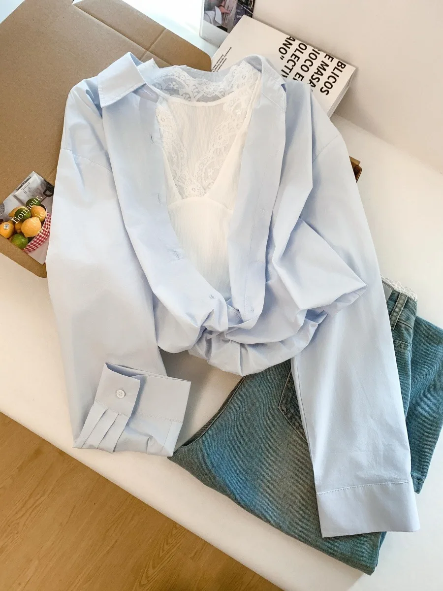 

Женская блузка с кружевной отделкой, короткая, на раннюю весну, в корейском стиле, свободного кроя, с длинным рукавом, с защитой от УФ-излучения, цветной топ