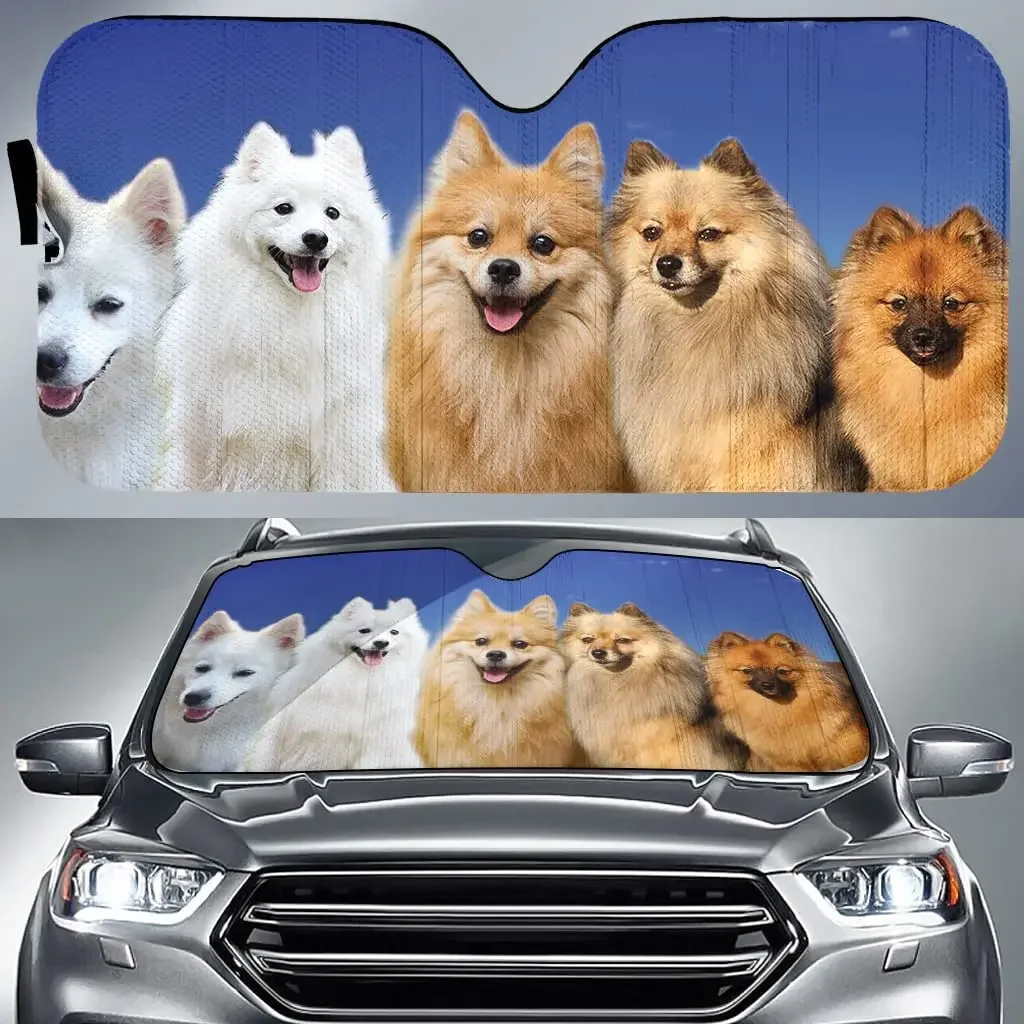 Adorable German Spitz Team Blue Sky Pattern Summer Car Sunshade, German Spitz Auto Car Sunshade for Front Window Sun Cover, Car