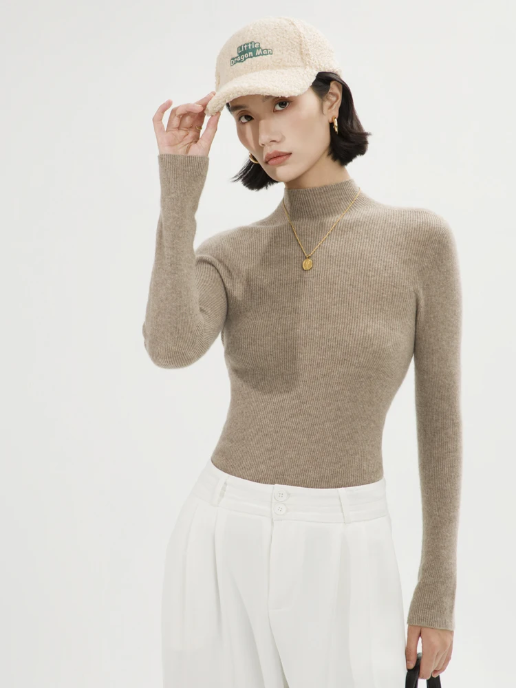 

MEETCC Autumn Winter Women's 100% Cashmere Pullover Mock Neck Slim Sweater High Strecth Base Layer Knitwear Soft Warm Jumper Top