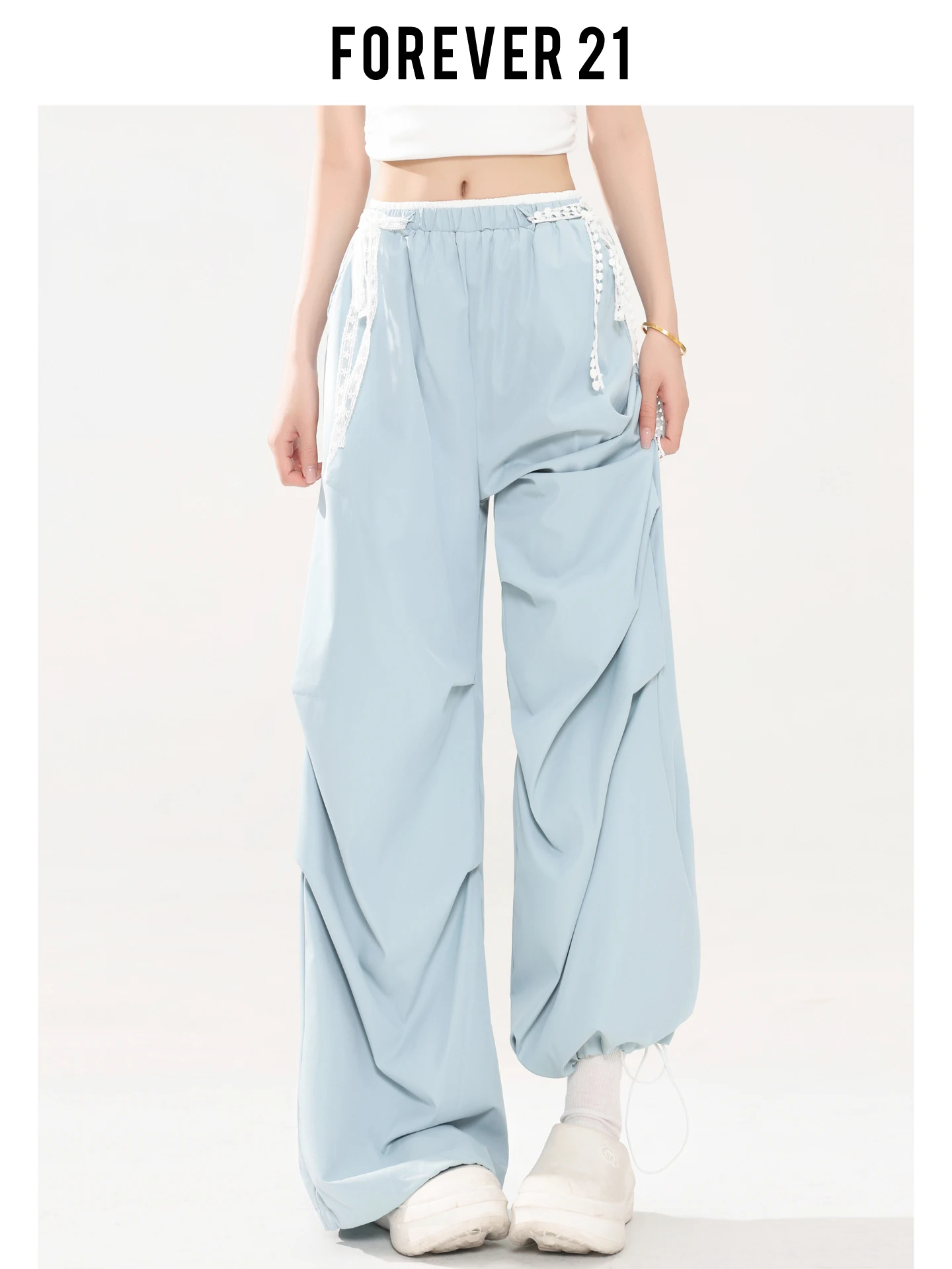 Pantalones Casuales Holgados y Ligeros Forever 21, de Pierna Ancha, Cintura Alta, Estilo Utilitario para Mujer, Color Azul, Estilo Americano, Moda de Verano