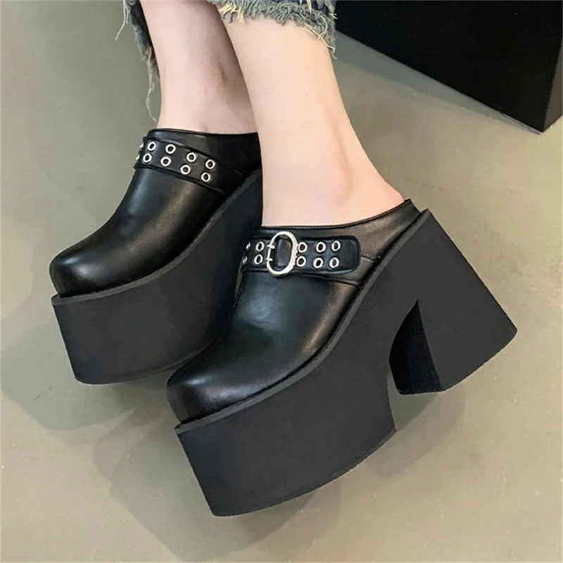 Eilyken Designer Roman Platform Belt Buckle Women Slippers Fashion Thick Bottom Square High Heels Party Dress Female Shoes