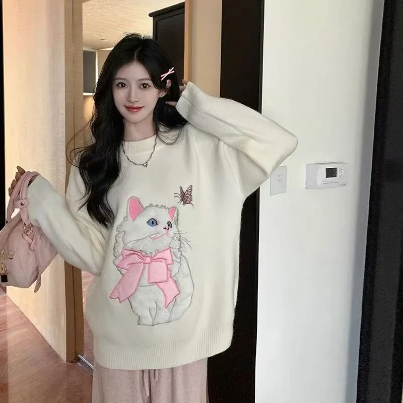 Y2k الجمالية القط التطريز الوردي محبوك البلوزات للنساء طويلة الأكمام س الرقبة عادية تريكو فتاة لاعبا الكورية اليابانية #5