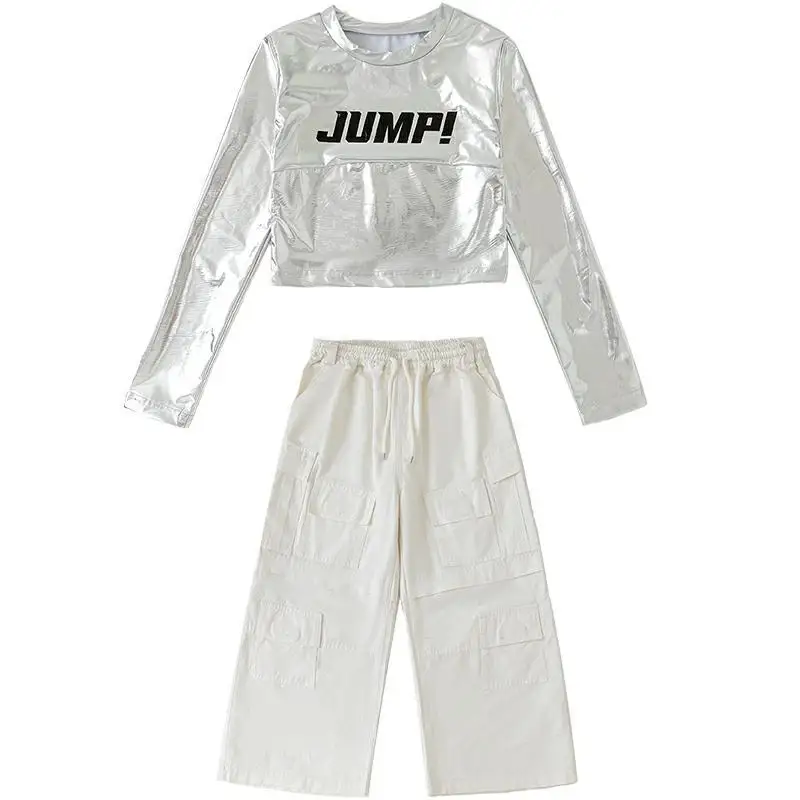 Kid Kpop Hip Hop Kleidung Silber Metallic Crop Langarm T-Shirt Weiß Multi Taschen Cargohose für Mädchen Street Dance Kostüme