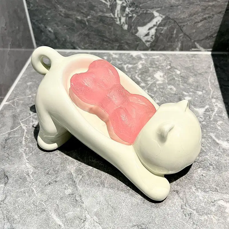 Bonito Soporte para Jabón con Forma de Gato, Contenedor de Plástico Liso para Jabón de Baño, Bandeja para Jabón, Accesorios de Baño, Herramientas para Baño, Decoración del Hogar