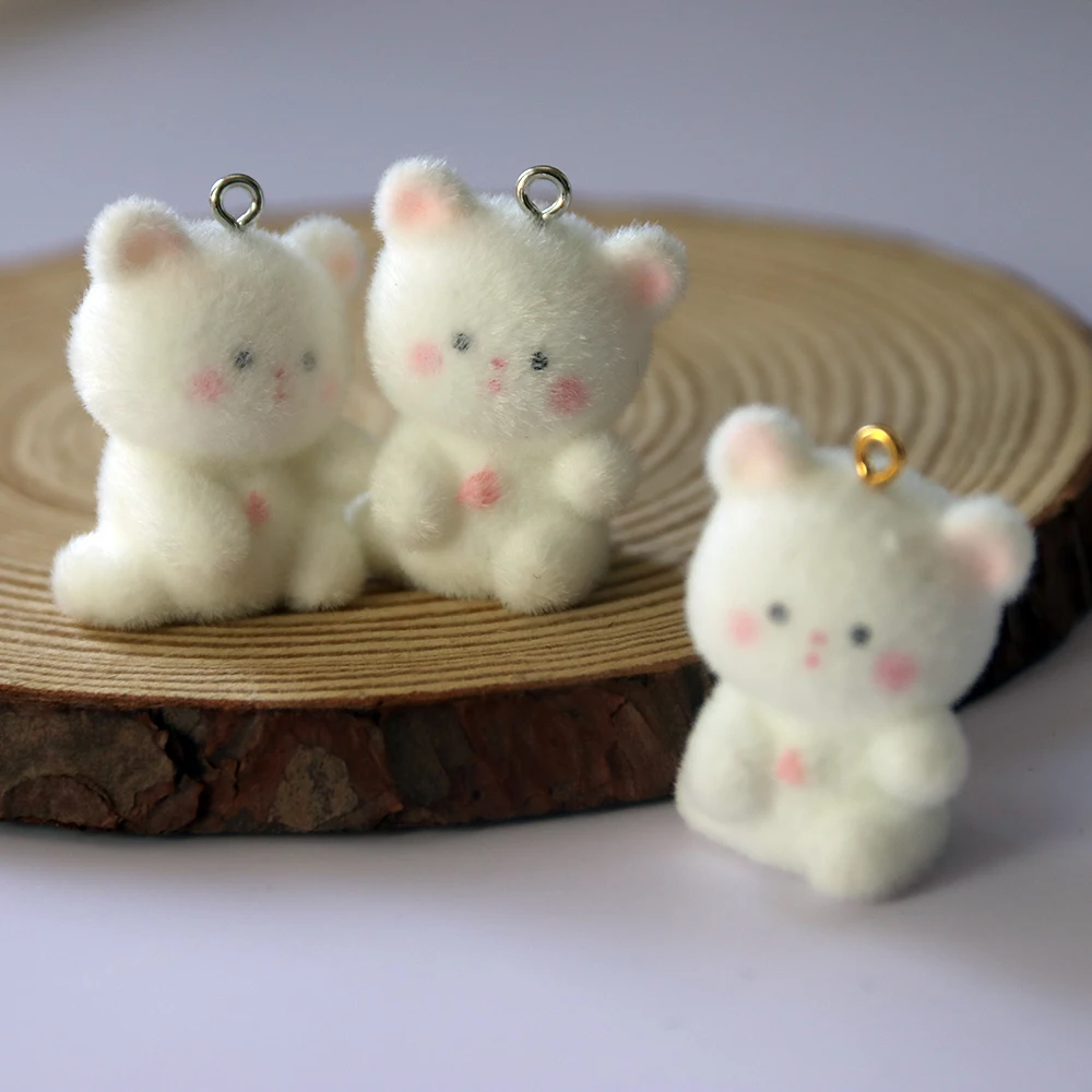 30Pcs 3D Flocking Cute Cat Charms Cartoon Animal Bear Resin Pendant  Earrings Keychains Accessories For DIY Crafts Jewelry Make