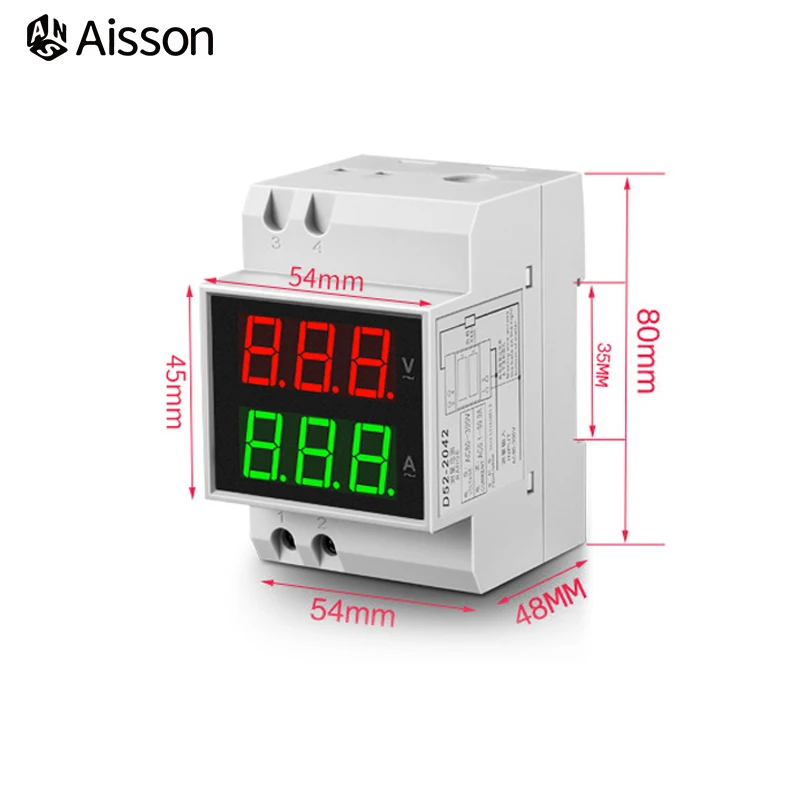 D52-2042 AC Voltmeter Ammeter Digital LED Display AC80-300V 220V 0-99.9A Voltammeter Electric Current Meter Din Rail