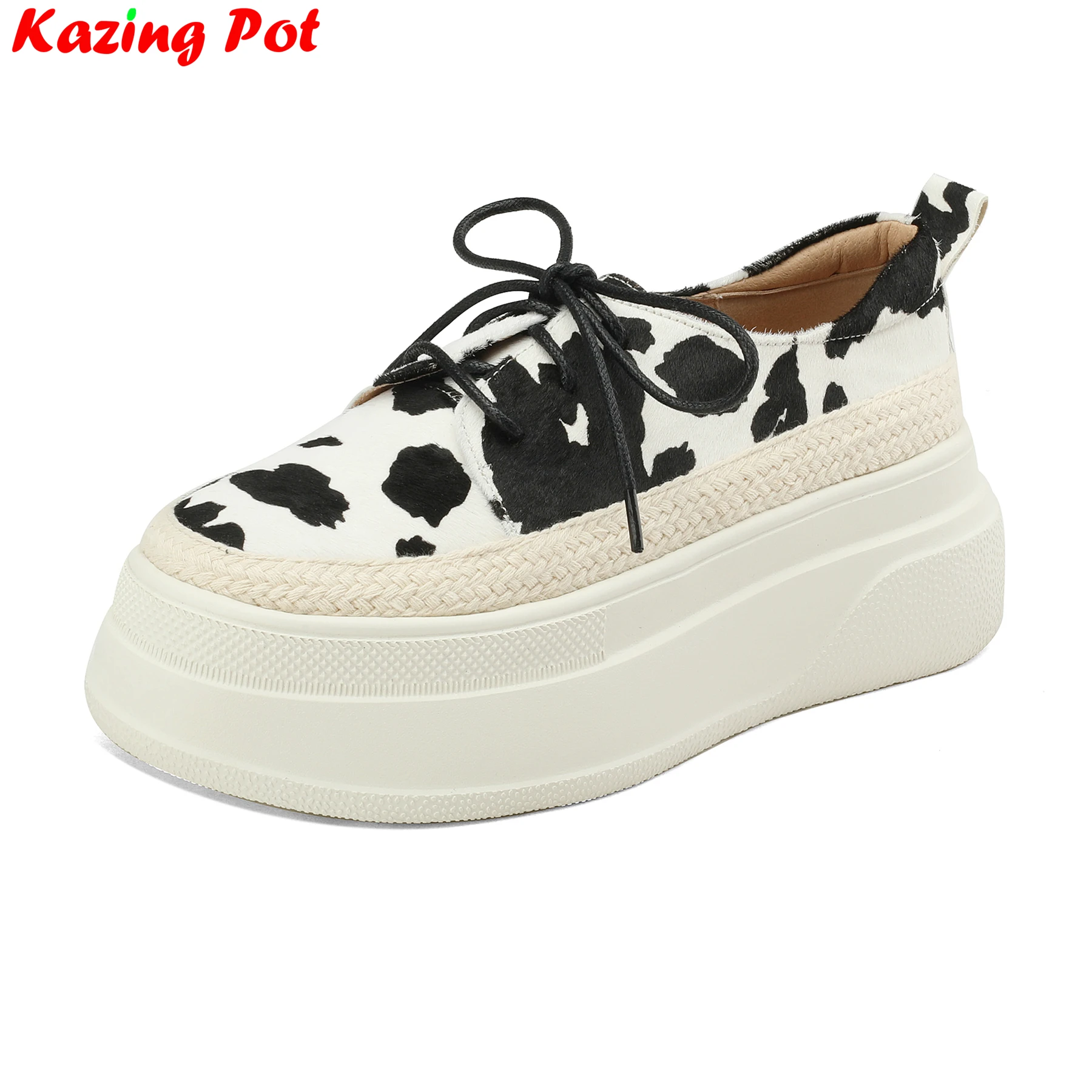 

Krazing Pot Horsehair Leopard Lace Up Sneakers Thick Bottom Sport Loafers Casual Vulcanized Shoes Platform Comfort Women Flats