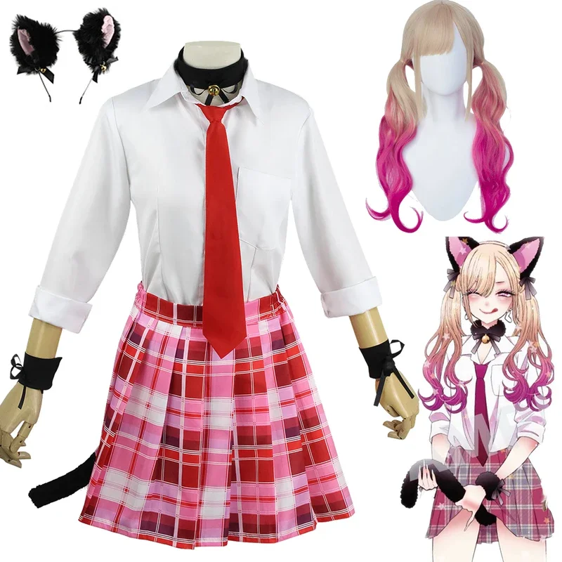 

FC6Anime My Dress Up Darling Cosplay Marin Kitagawa Costumes Kitty Uniforms Shirt Skirt Tie Hairpin Bib Wrist Guard tail Wi@FC8！
