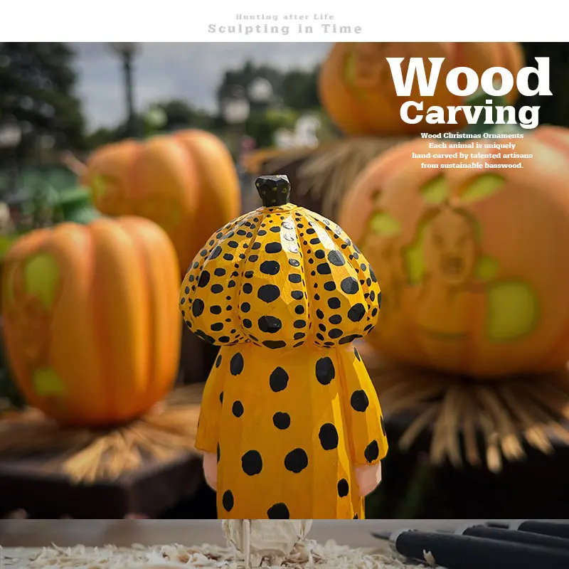 Carved Wooden Ornament Polka-Dot Art Ornament Yayoi Kusama Pumpkin Wood Sculpture Hand Carving 13cm Desktop Ornament
