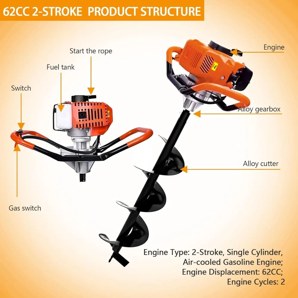 Gas Powered 62CC Post Hole Digger for Fence and Planting with 3 Extention 24