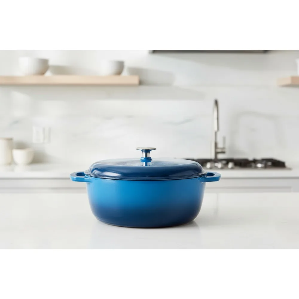 

Эмалированная чугунная голландская кастрюля с крышкой, круглая, с двумя ручками, сверхмощная, маленькая, синяя, 4,3 литра для семейного приготовления пищи