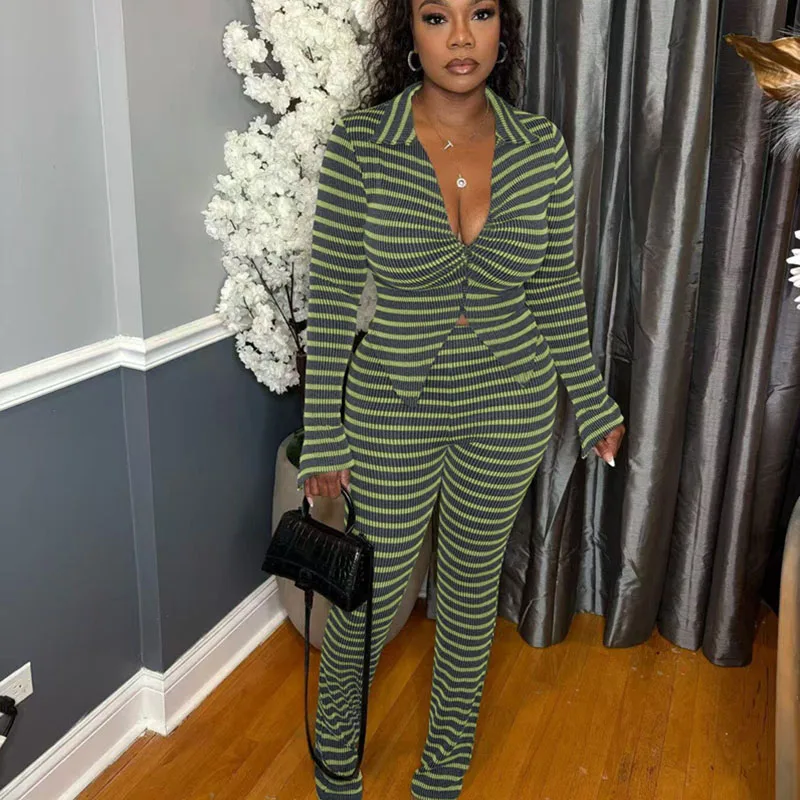 Doyerl Knitted Striped Two Piece Set Woman Autumn Winter Long Sleeve Single-breasted Knit Top and Pants New in Matching Sets