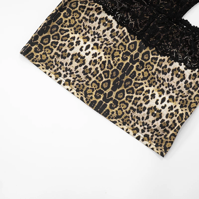 CUTENOVA femmes Sexy imprimé léopard dentelle Patchwork dos nu cravate corde évider transparent paquet hanche Mini robe été nouveau