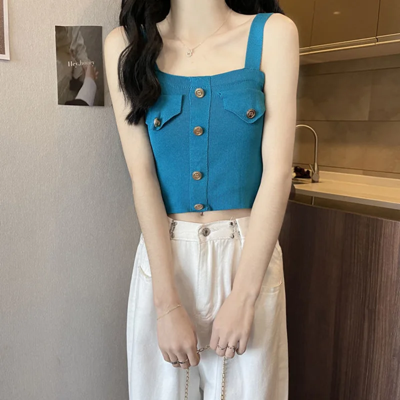 Knitting Camisole Female Summer New Fashion Simplicity Buttons Solid Color Top Tee Odzież damska All-match Temperament Tank Top