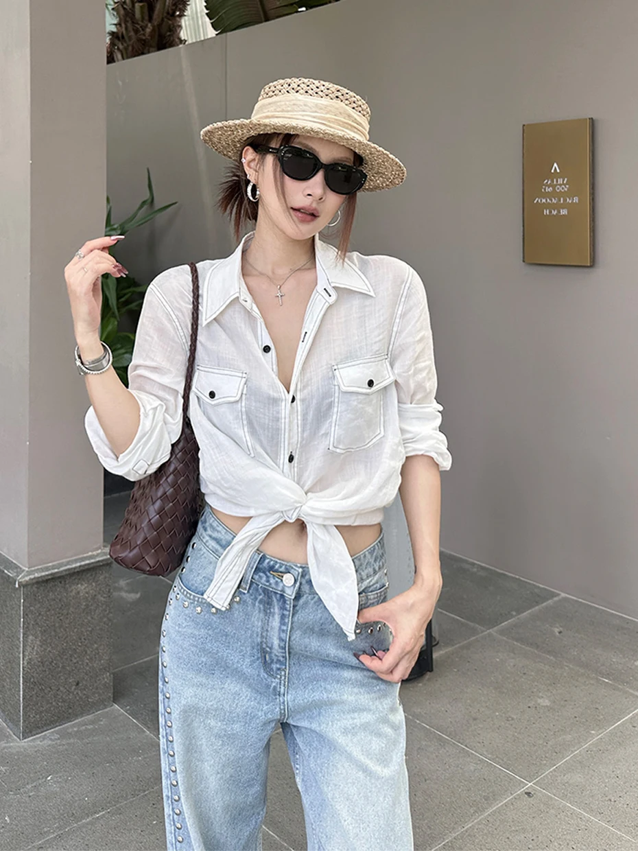 

Women's Design Sensation Belted Shirt Short Sleeveless Summer Top Spicy Girl Bright Stitch Color Block Workwear Short Shirt