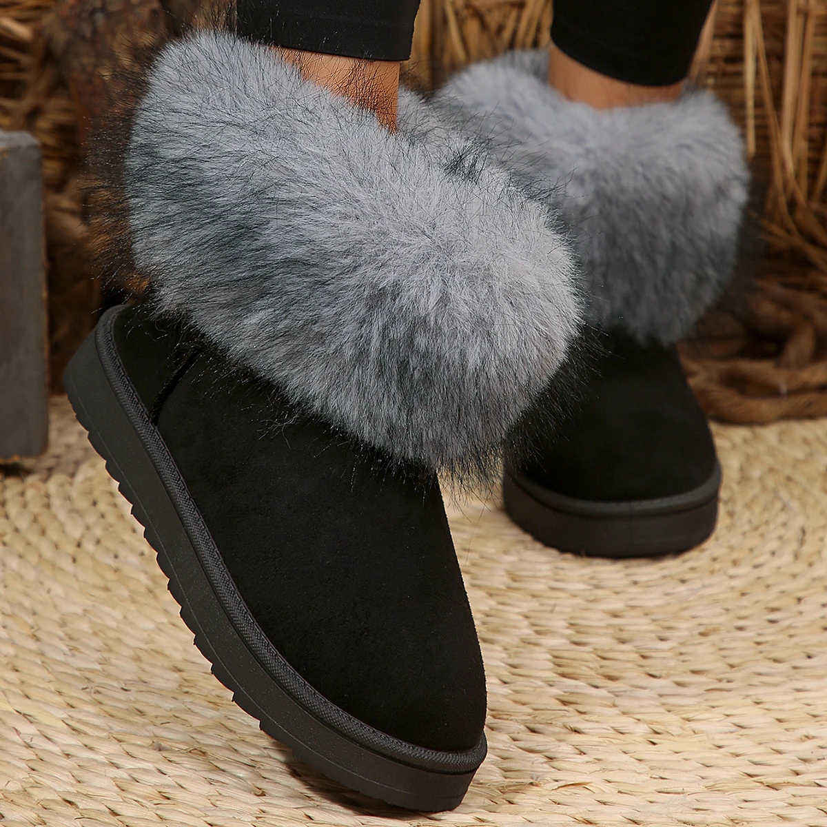 Shoes for Women Winter Slip on Women\'s Boots Black Round Toe Solid Flock Plush Warm Mid Heel Water Proof Casual Snow Boots Women