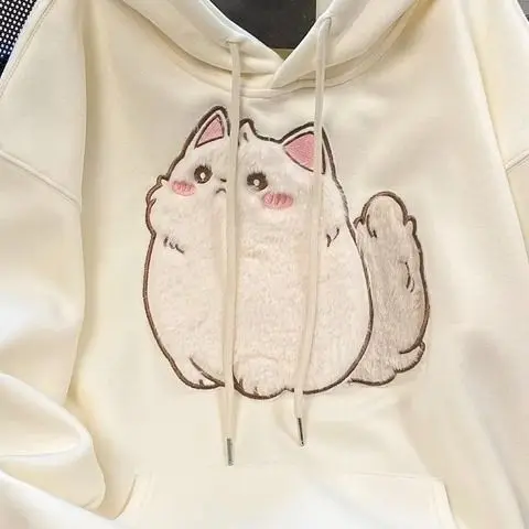 Cute Cat Plush Flocking Embroidery Y2K Hoodies for Girls Winter Loose Cotton Long Sleeve Sweatshirt Lovely Women Kawaii Clothes