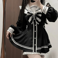 ﻿ Gothic Y2k Lolita Bow Dress Shorts Set Women Sweet Lace Bow Long Sleeve Shirt Dresses Tunic Shorts Slim Sailor Collar Clothes