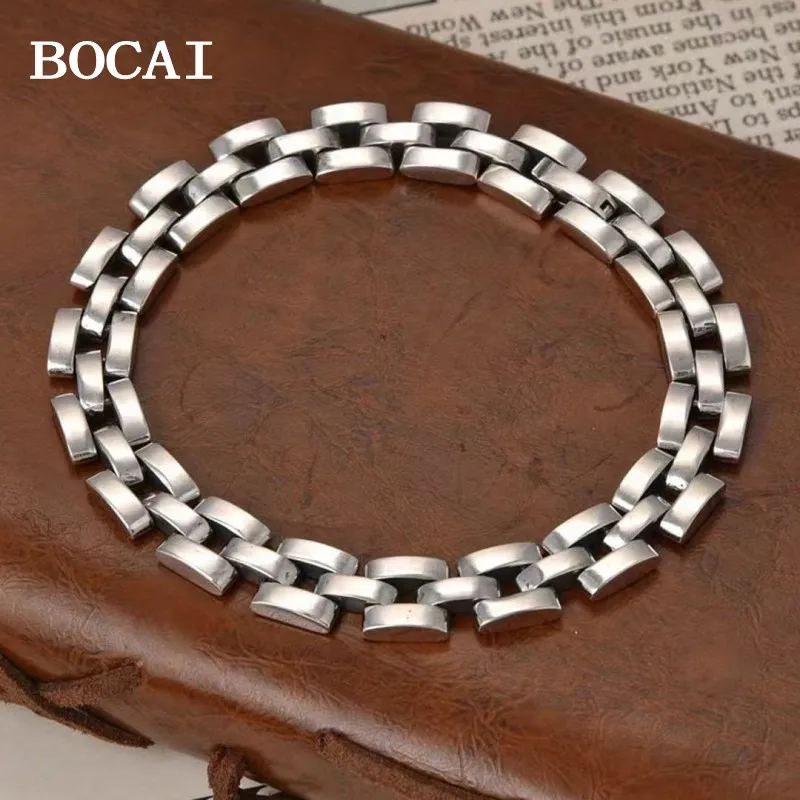 BOCAI New S925 Sterling Silver Personalized Minimalist Trendy Men Punk Style Glossy Thick Bracelet  Men's