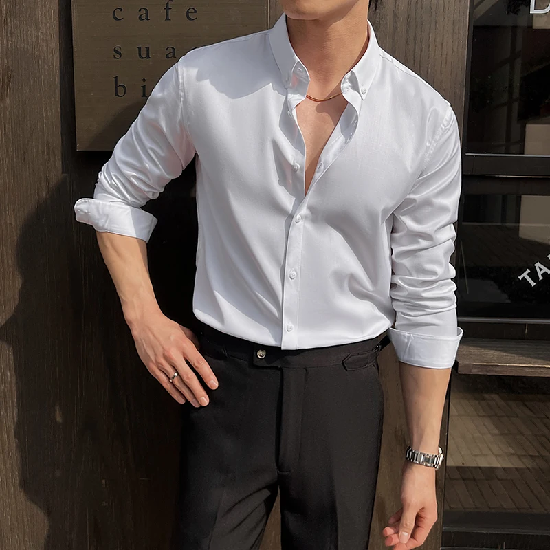 Men's Luxury Solid Color Casual Long Sleeved Shirt Business Office Formal Dress Shirt Slim Fit Social Ball Top Size 7XL-6XL