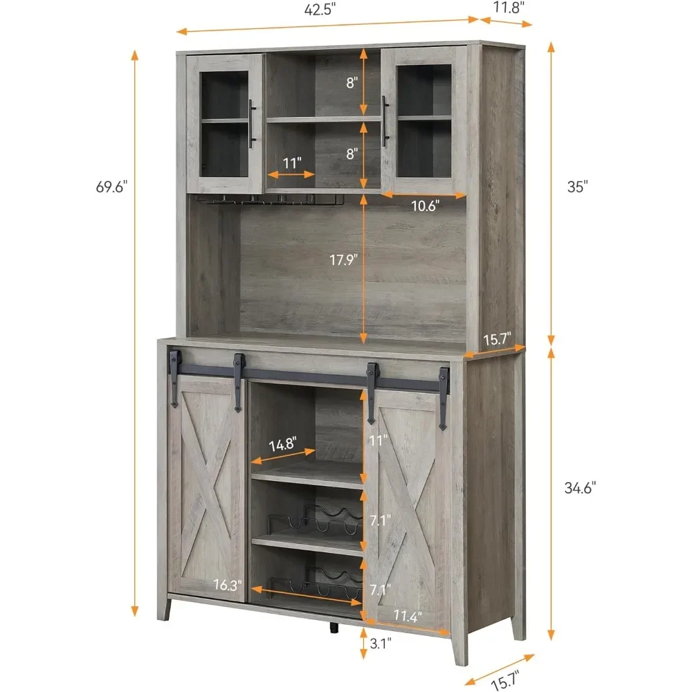 Armoire de bar de ferme avec porte de grange market, armoire de planche haute de 70 "avec étagères de rangement, français ou armoire avec vin gris