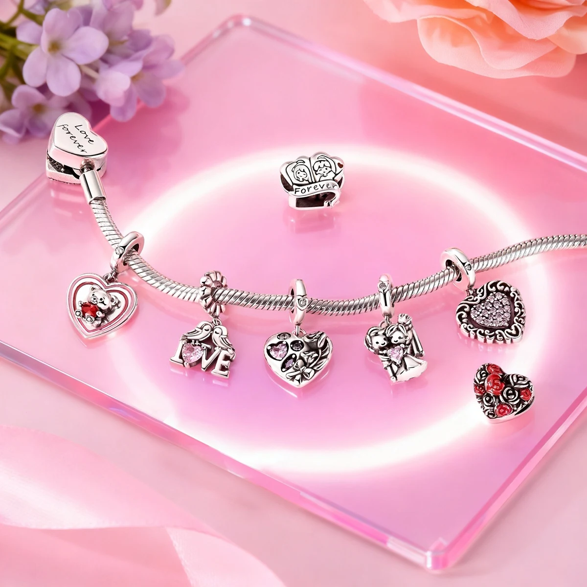 Originele Valentijnsdag Charms Kraal Hangend 925 Zilveren Hart Liefde Rose Beer Charms Fit Armband Vrouw DIY Sieraden Gift