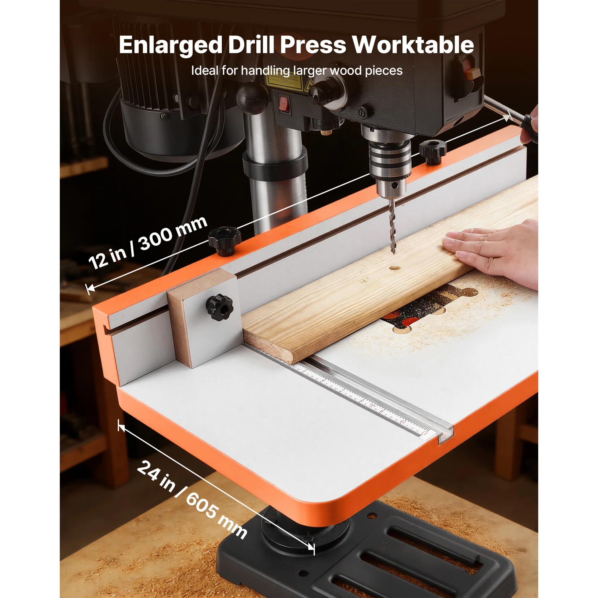 SucceBuy Drill Press Table 24x12Inch Adjustable Fence Stop Block T-Slots MDF Tabletop Built-In Scale Fits Clamps Vises For Drill