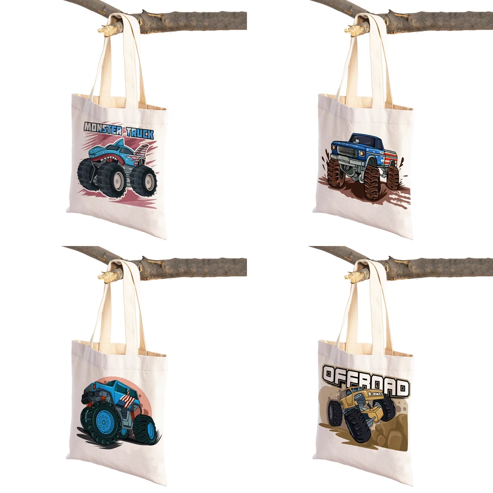 America Monster Truck Tote Handbag Reusable Cartoon Car Double Print Casual Canvas Shopping Bag for Student Children Gift