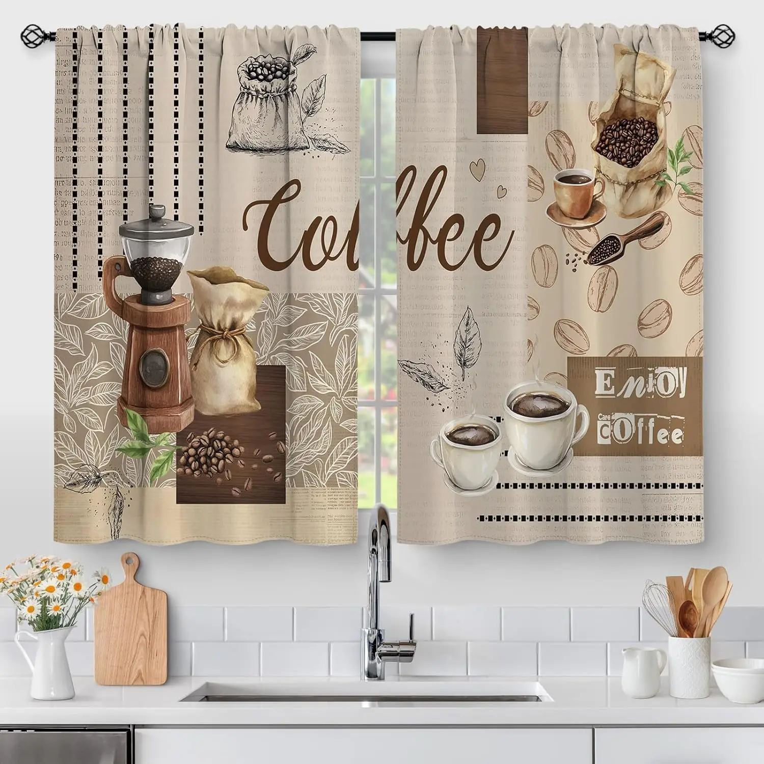 Coffee Theme Collage Curtains Bean Grinder Cup Print for Kitchen Window Cafe Decor