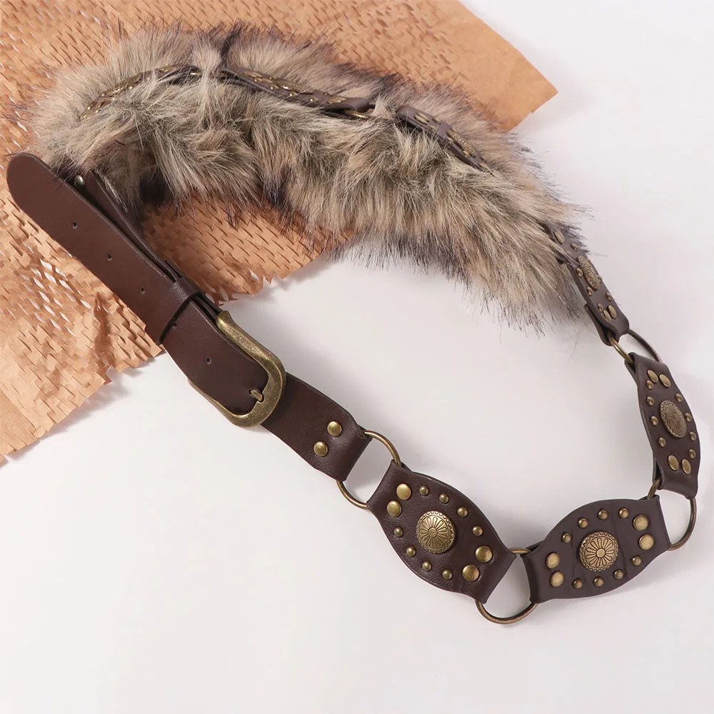 

Simple PU Leather Leather Fur Belt Faux Fur Punk Belt Jeans Decor Retro Y2K Waistband Daily