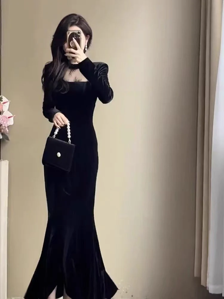

Hebe Sle Bla Velvet Fi Tail Dr Women's Ele Luxury Autumn Winter Ball Gown for Cany Yearly Meeting And Par