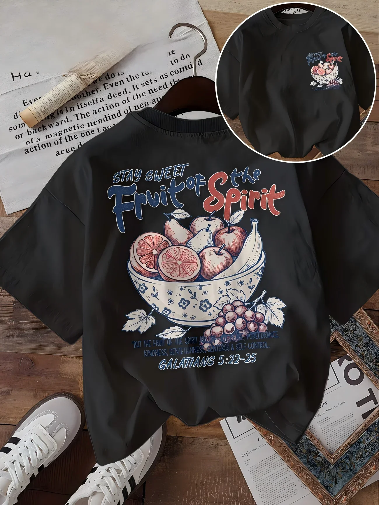 Fruit Of The Spirit Christian T-Shirt Women Stay Sweet Bible Verse Graphic Tee Galatians 5 22 25 Vintage Aesthetic Casual Top