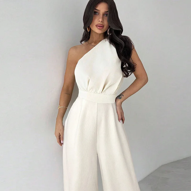 أزياء أنيقة الفكرية لون نقي خارج الكتف أكمام بذلة بنطلون مستقيم الربيع والصيف المرأة العصرية