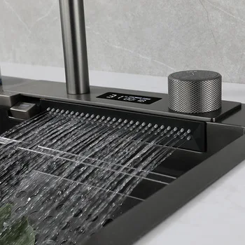 J22W Stainless Steel Pull Out Waterfall Faucet Nano Black Multifunctional Kitchen Sink With Digital Display