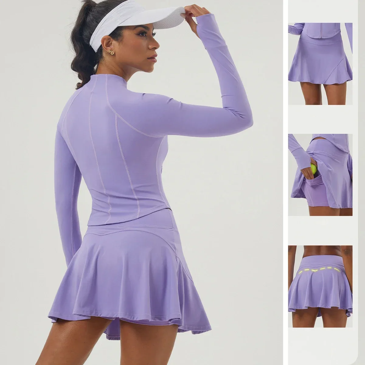 New Pocket Zipper Sports Tennis Skirt Suit Women Slim Jacket Yoga Clothing High Elastic Leisure Anti-glow Skirt Pants 2piece Set image 2