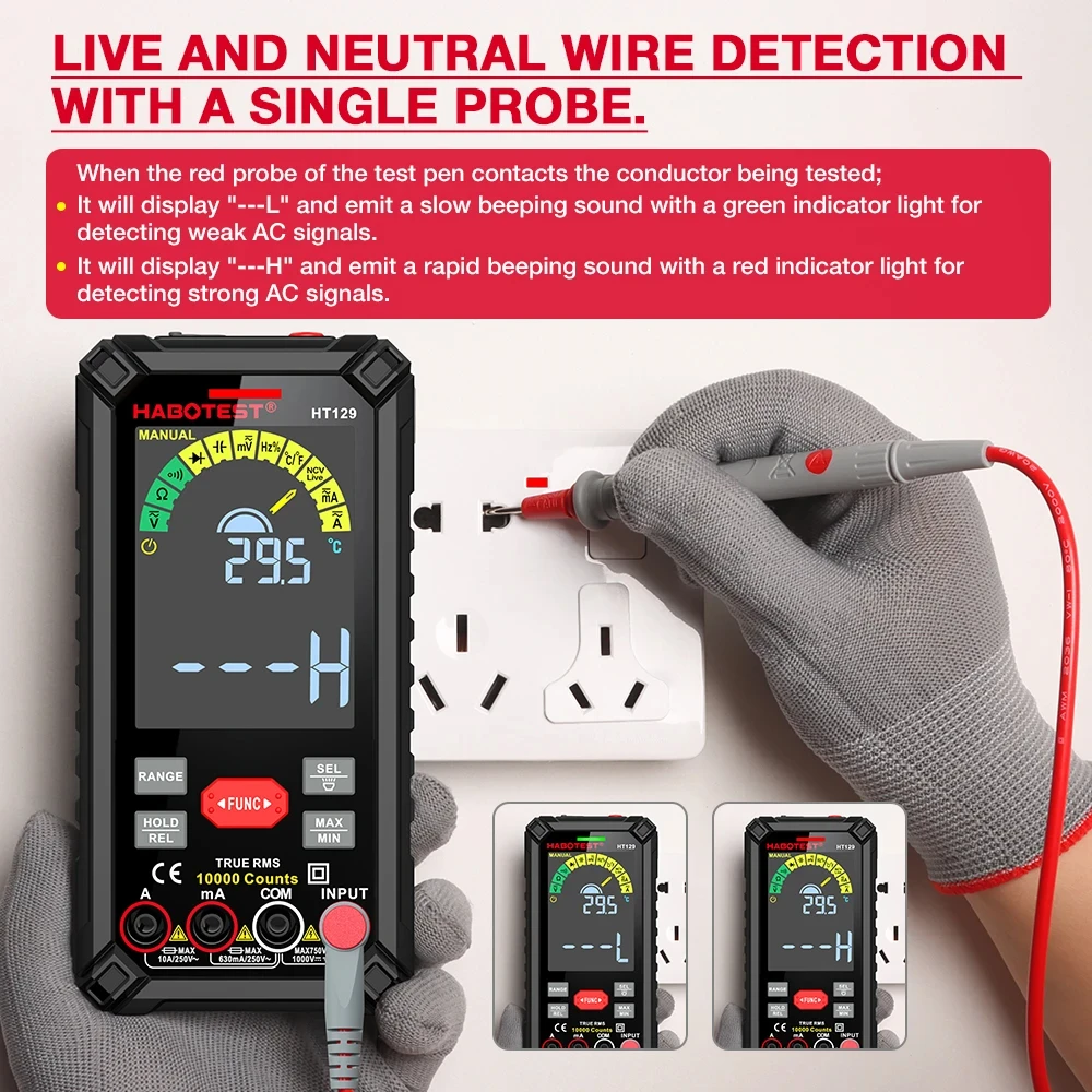 HT129 Smart Digital Multimeter 9999 Counts AC/DC Ammeter Voltmeter USB Rechargeable Ohm Diode NCV Multimeter Tester Color Screen