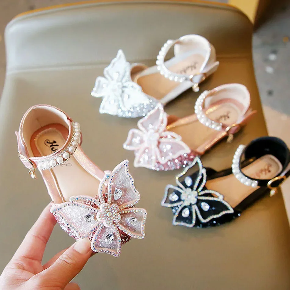 Diamond Butterfly Kids Princess Sandals Children Black Silver Pink Low-heeled Girls Summer Flats Carnival Mary Jane Footwear