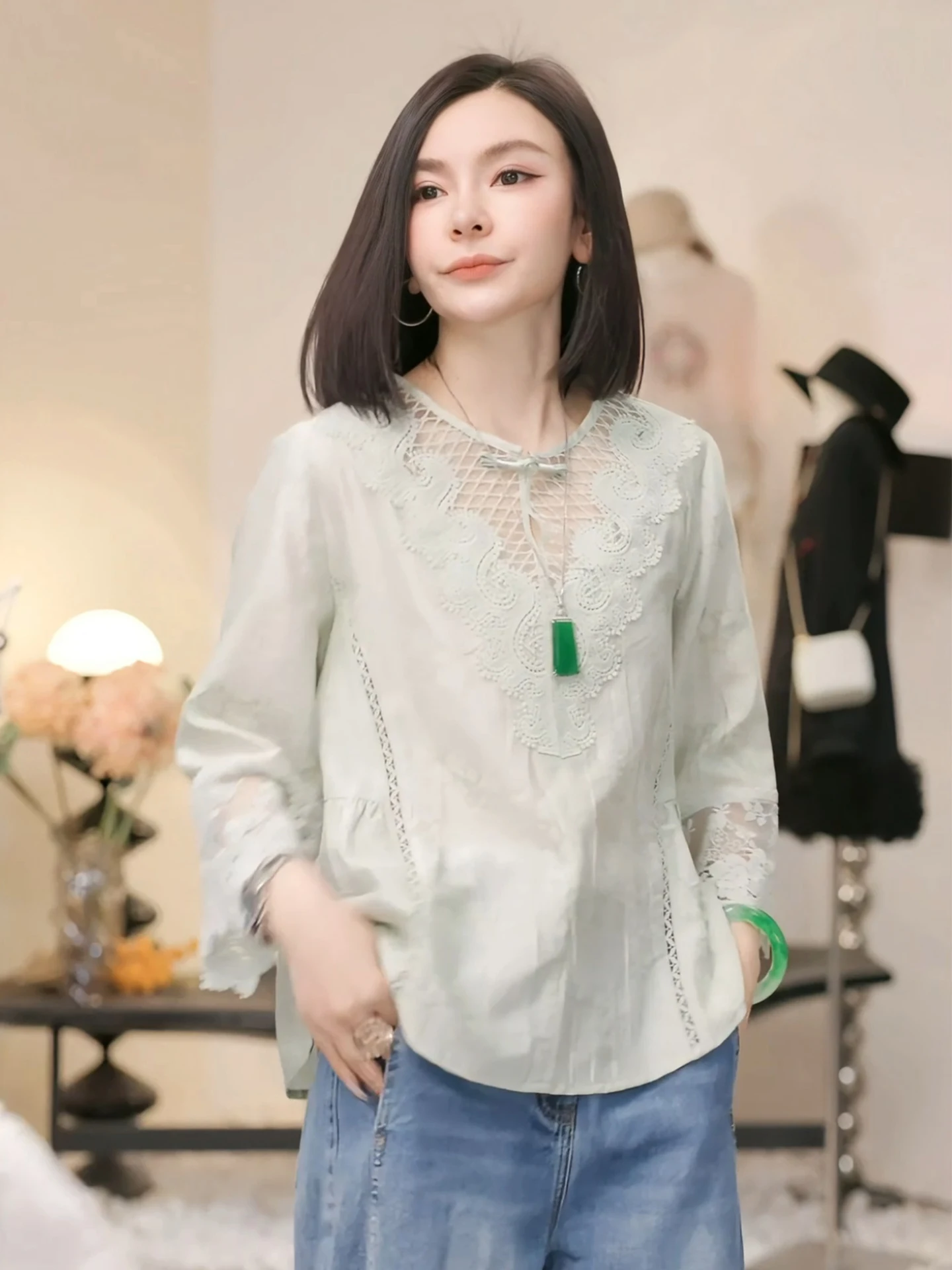 

Elegant Lace Hollow out Design Top by Ptherine Breathable Comfortable Cotton Blend Spring Summer Women's T-Shirt Casual Wear
